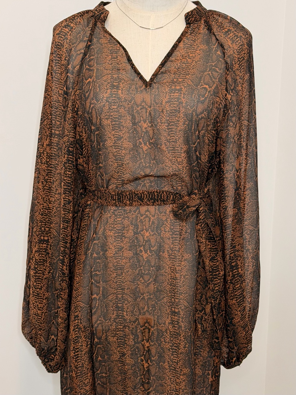 💛2 for 20-ICHI Snake Print Tie Waist Long Sleeve Dress Size Small NWT - Picture 3 of 14